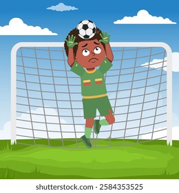 Cute boy cartoon character doing sport playing football with uniform