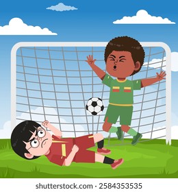 Cute boy cartoon character doing sport playing football with uniform