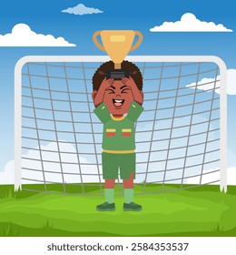 Cute boy cartoon character doing sport playing football with uniform