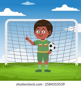 Cute boy cartoon character doing sport playing football with uniform