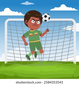 Cute boy cartoon character doing sport playing football with uniform