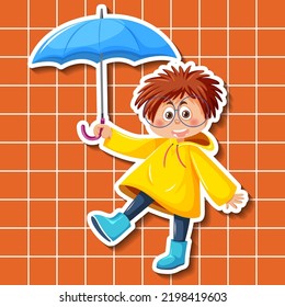 Cute boy cartoon character holding umbrella sticker style illustration