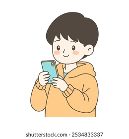 Cute Boy Cartoon Character Playing Gadget with Smile Expression