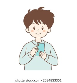 Cute Boy Cartoon Character Playing Gadget with Smile Expression