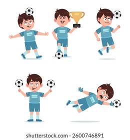 Cute Boy Cartoon Character Playing Football with Different Pose