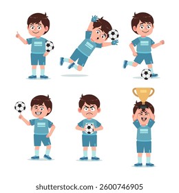 Cute Boy Cartoon Character Playing Football with Different Pose