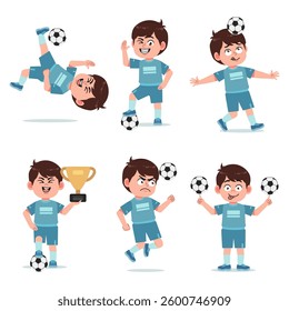 Cute Boy Cartoon Character Playing Football with Different Pose