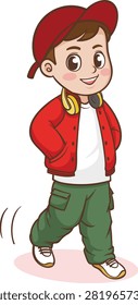 Cute boy cartoon character walking with red jacket and cap
