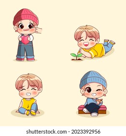 cute boy cartoon illustration set chibi