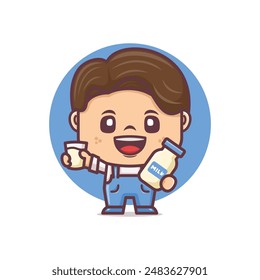 Cute boy cartoon mascot character with milk. vector illustration with outline style
