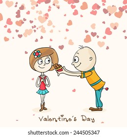 Cute boy cartoon offering chocolate to his beloved on hearts decorated background on occasion of Happy Valentines Day.