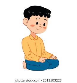 Cute Boy Cartoon Praying Shalat Editable Colorful Vector Hand Drawn Illustration for Kids. Baby Design for Card, Poster Decor, T-Shirt Print, Sticker, Icon and More