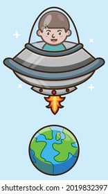 Cute Boy Cartoon Riding Alien Ship To Space Vector Design