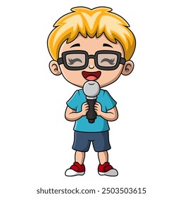 Lindo niño de dibujos animados está cantando