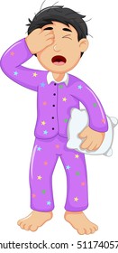 cute boy cartoon sleepy holding pillow