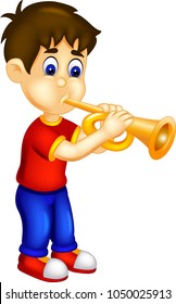 cute boy cartoon standing with smile and playing trumpet