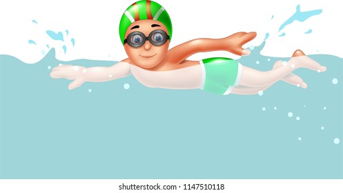 cute boy cartoon swimming on pool with smile and waving