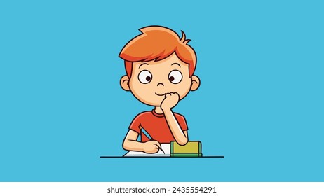 Cute Boy Cartoon thinking while working on his school project .