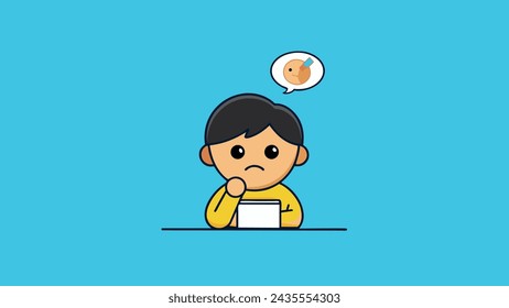 Cute Boy Cartoon thinking while working on his school project .