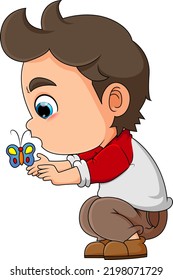 The cute boy is catching a very small butterfly and blowing it up to fly of illustration