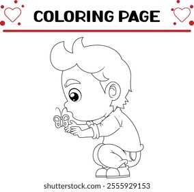 cute boy is catching very small butterfly coloring page for kids