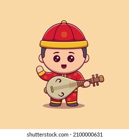 cute boy celebrate chinese new year playing traditional chinese musical instruments