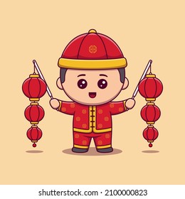 Cute Boy Celebrate Chinese New Year Holding Chinese Lantern