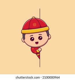 cute boy celebrate chinese new year peeking out behind blank sign