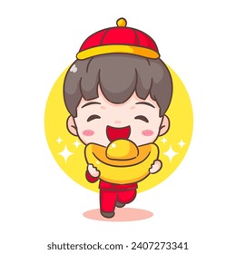 Cute boy celebrate Chinese new year cartoon illustration. Hand drawn chibi character. Holiday concept design. Isolated white background