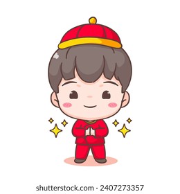 Cute boy celebrate Chinese new year cartoon illustration. Hand drawn chibi character. Holiday concept design. Isolated white background