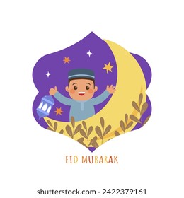 Niño lindo celebra Eid Mubarak con linterna
