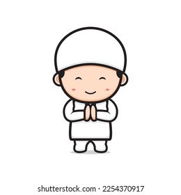 Cute boy celebrate ramadan kareem cartoon icon illustration. Design isolated flat style