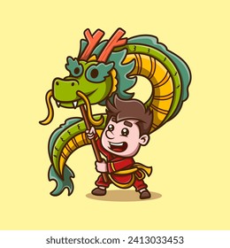 cute boy celebrates chinese new year cartoon icon illustration. funny gift cartoon. Business icon concept. Flat cartoon style