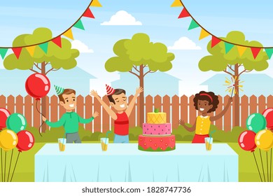 Cute Boy Celebrating Birthday with his Friends Outdoor, Cute Boys and Girl Having Fun and Eating festive Cake on Backyard Cartoon Vector Illustration