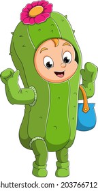 The cute boy is celebrating the halloween with the cactus costume of illustration