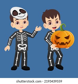 cute boy celebrating Halloween wearing skeleton costume
