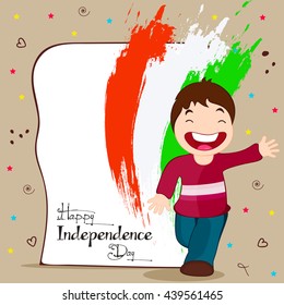 Cute boy celebrating Indian Independence Day greeting card design on decorative background.