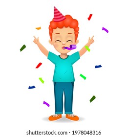 cute boy celebrating with party hat vector
