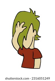 Cute boy character afflicted with his hand on head. Colorful cartoon style vector illustration isolated on white background.