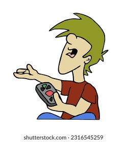 Cute boy character angry sitting on floor and complaining while playing video games. Colorful cartoon style vector illustration isolated on white background.