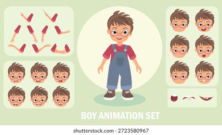 Cute Boy Character Animation Set with Facial Expressions and Hand Gestures, Cartoon Kid Vector Illustration for Motion Design.
