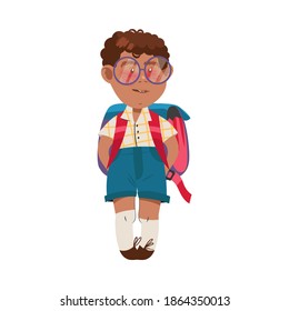 Cute Boy Character with Backpack Going to School Vector Illustration