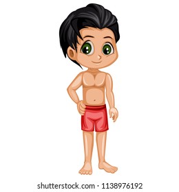 Cute Boy Character in the Beach Isolated on White Background. Cartoon Vector Young Kid in a Summer Swim Suit