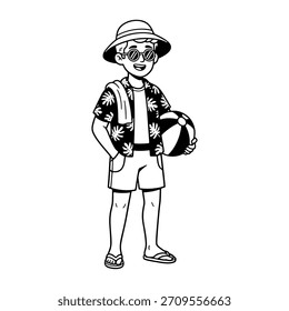 Personaje lindo del muchacho en la Ilustración vectorial del traje del estilo de la playa en estilo del bosquejo.