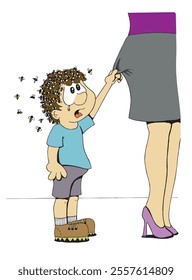 Cute boy character with a lot of bees in his head warning to his mother. Funny humorous cartoon style colorful vector illustration.