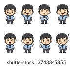 Cute boy character in business suit creation set. Different emotions, gestures, isolated against white background.Cartoon flat-style infographic illustration. Cute businessman character design.