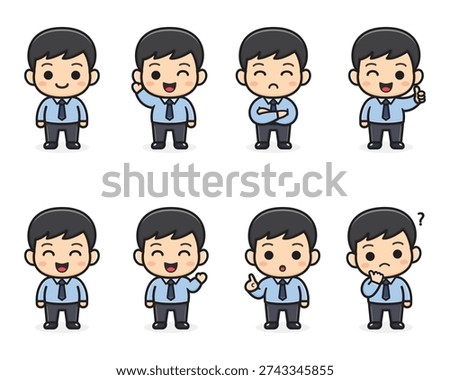 Cute boy character in business suit creation set. Different emotions, gestures, isolated against white background.Cartoon flat-style infographic illustration. Cute businessman character design.
