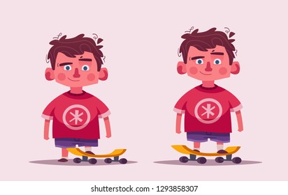Cute boy character. Cartoon vector illustration. Schoolboy with a skateboard. Little kid. Skateboarding concept