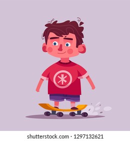 Cute boy character. Cartoon vector illustration. Schoolboy with a skateboard. Little kid. Skateboarding concept
