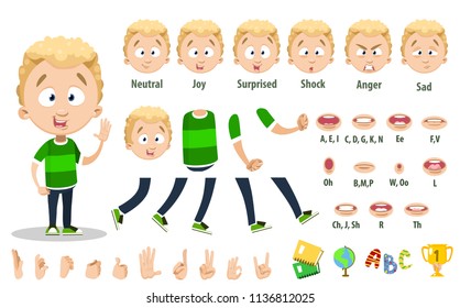 Cute boy character constructor for animation and custom illustrations. Blonde hair guy in green shirt. Character creation set with various views, face emotions, lip sync and poses. 